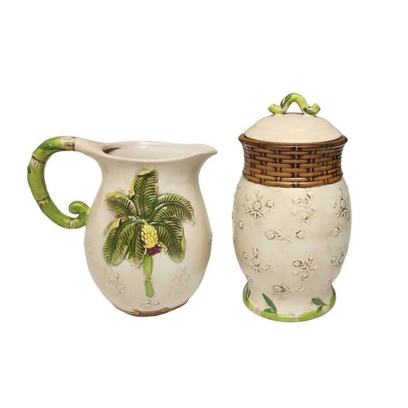 Dantes Design Group Palm Tree Floral  Cookie Jar & pitcher Cream/Green & Brown - Picture 1 of 14